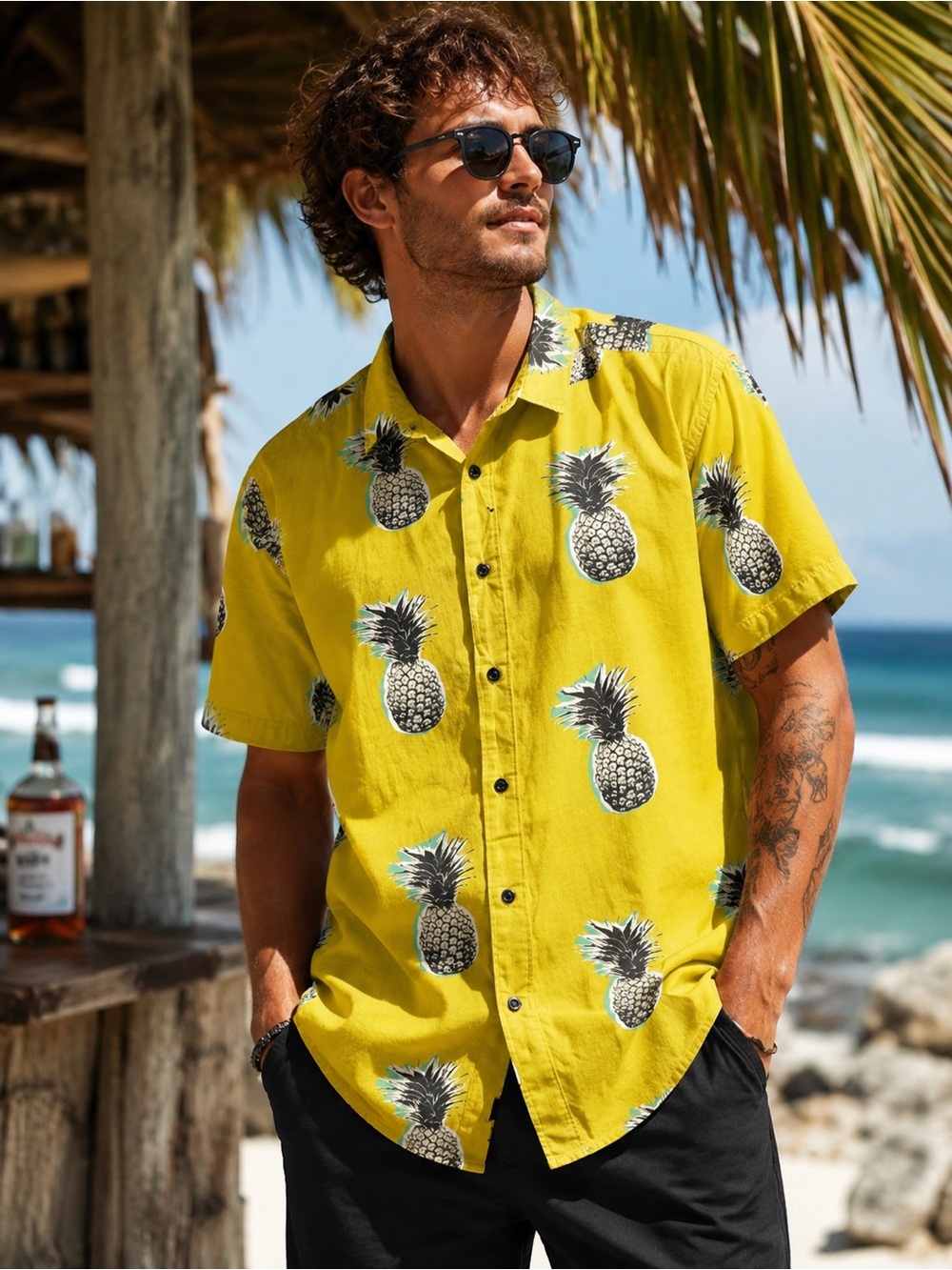 Globe Yellow Pineapple Print Short-Sleeve Button-Down Shirt